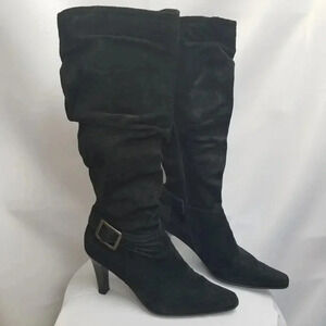 Bass Riviera Y2K Black Leather Suede Knee High Heeled Boots Silver Buckle 6